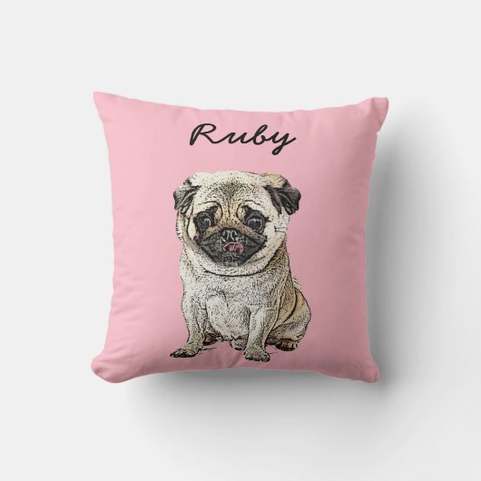 Modern Pug Dog Illustration | Add Name  クッション (正面)