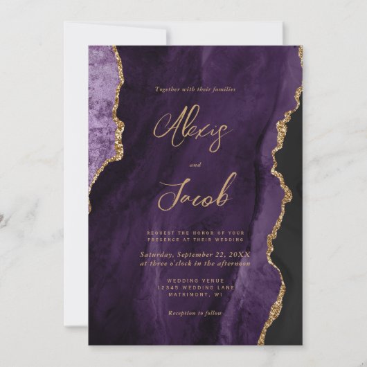 Modern Purple Agate Chic Script Wedding 招待状 (正面)