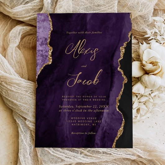Modern Purple Agate Chic Script Wedding 招待状