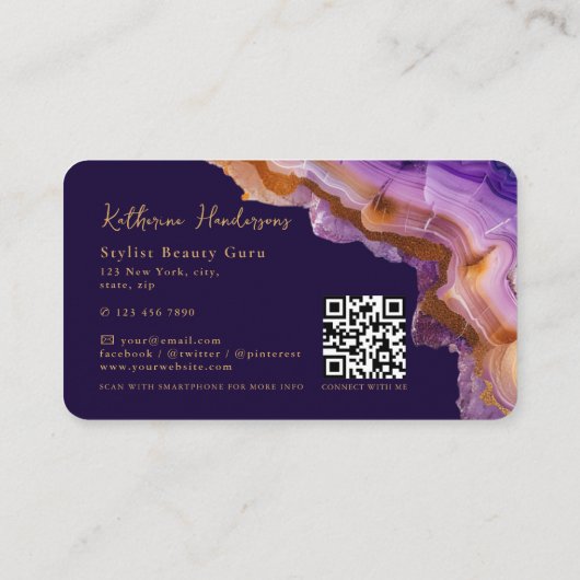Modern Purple Agate & gold glitter marble QR Code 名刺 (裏面)