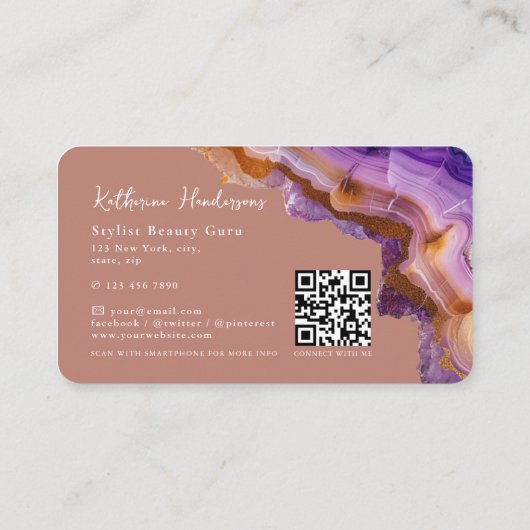 Modern Purple Agate & gold glitter marble QR Code 名刺 (裏面)
