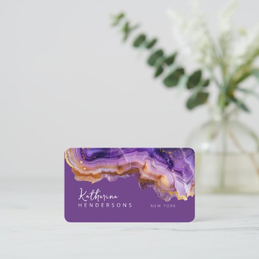 Modern Purple Agate & gold glitter marble QR Code 名刺 (スタンド正面)