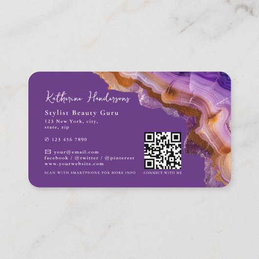 Modern Purple Agate & gold glitter marble QR Code 名刺 (裏面)