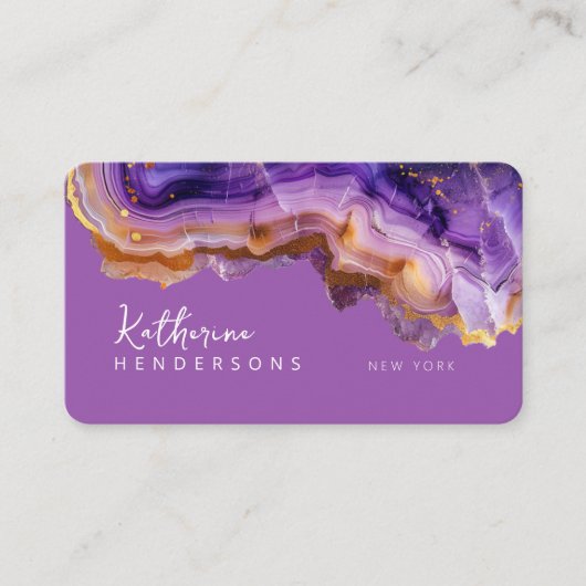 Modern Purple Agate & gold glitter marble QR Code 名刺 (正面)
