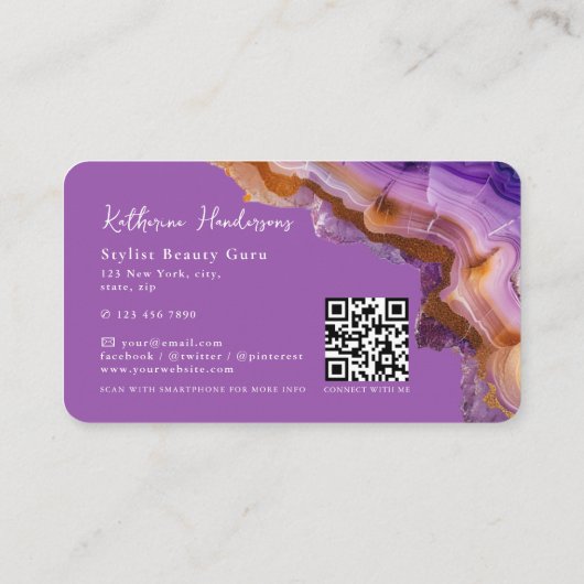 Modern Purple Agate & gold glitter marble QR Code 名刺 (裏面)