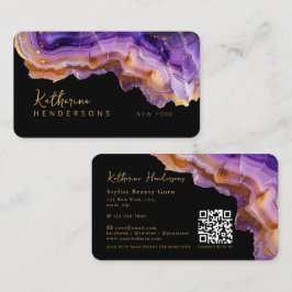 Modern Purple Agate & gold glitter marble QR Code 名刺
