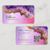 Modern Purple Agate & gold glitter marble QR Code 名刺 (正面/裏面)