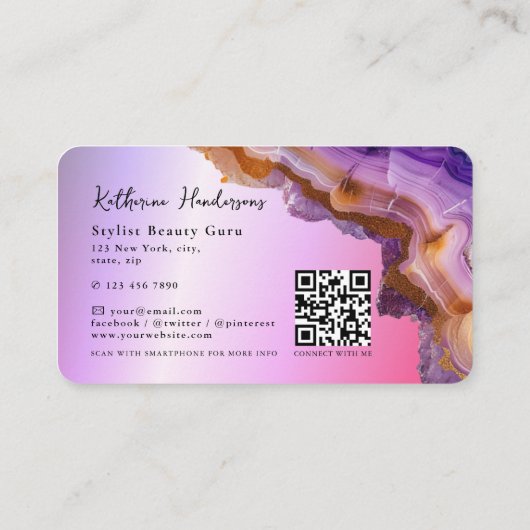 Modern Purple Agate & gold glitter marble QR Code 名刺 (裏面)