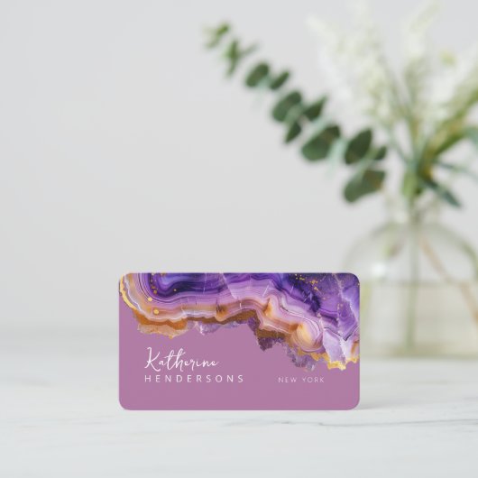 Modern Purple Agate & gold glitter marble QR Code 名刺 (スタンド正面)