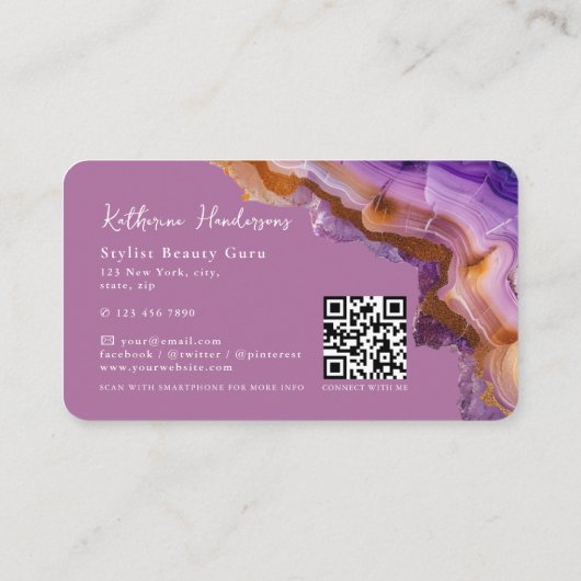 Modern Purple Agate & gold glitter marble QR Code 名刺 (裏面)