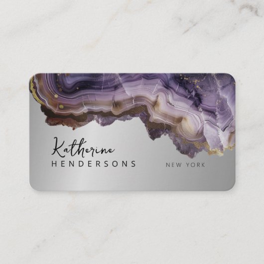 Modern Purple Agate & gold glitter marble QR Code 名刺 (正面)