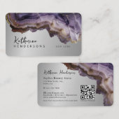 Modern Purple Agate & gold glitter marble QR Code 名刺 (正面/裏面)