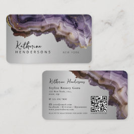 Modern Purple Agate & gold glitter marble QR Code 名刺