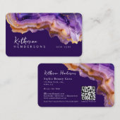 Modern Purple Agate & gold glitter marble QR Code 名刺 (正面/裏面)