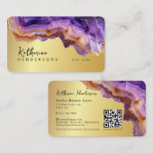 Modern Purple Agate & gold glitter marble QR Code 名刺 (正面/裏面)