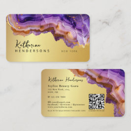 Modern Purple Agate & gold glitter marble QR Code 名刺