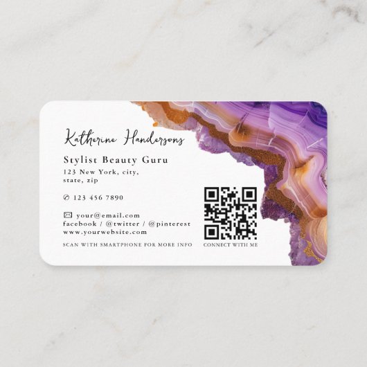 Modern Purple Agate & gold glitter marble QR Code 名刺 (裏面)