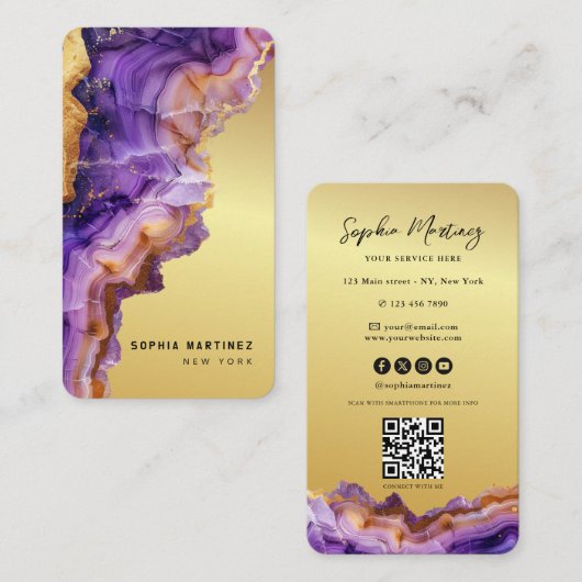 Modern Purple Agate gold marble & QR Code Logo 名刺 (正面/裏面)
