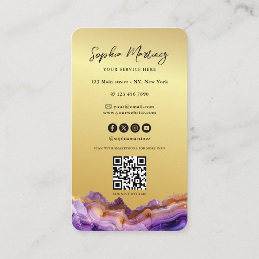 Modern Purple Agate gold marble & QR Code Logo 名刺 (裏面)
