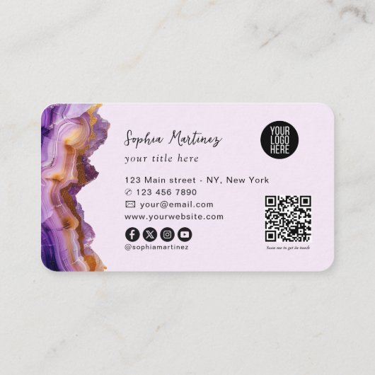 Modern Purple Agate gold marble & QR Code Logo 名刺 (裏面)