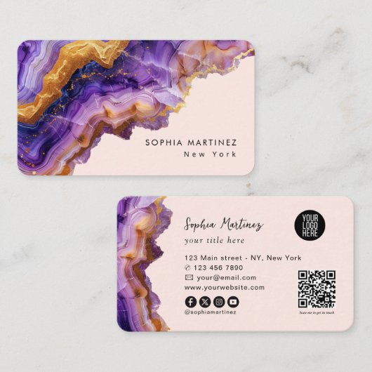Modern Purple Agate gold marble & QR Code Logo 名刺 (正面/裏面)