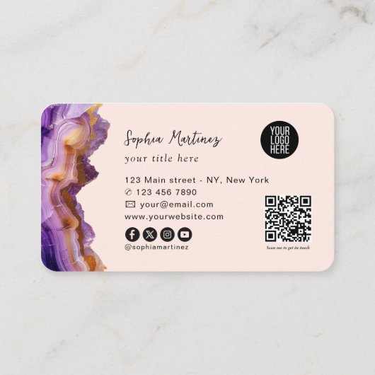 Modern Purple Agate gold marble & QR Code Logo 名刺 (裏面)