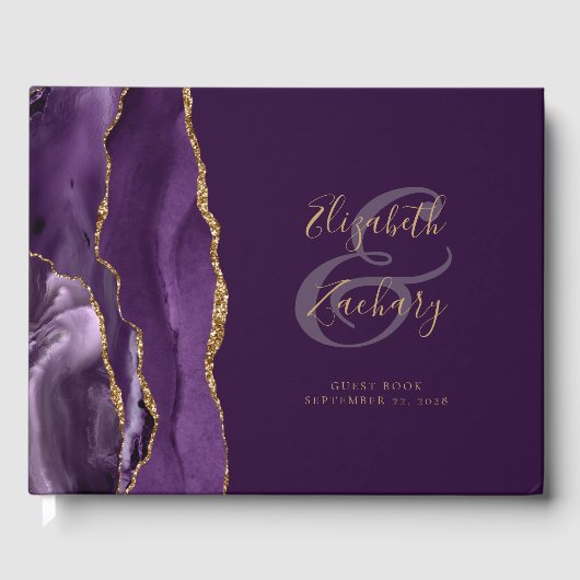 Modern Purple Agate Gold Script Plum ゲストブック (正面)