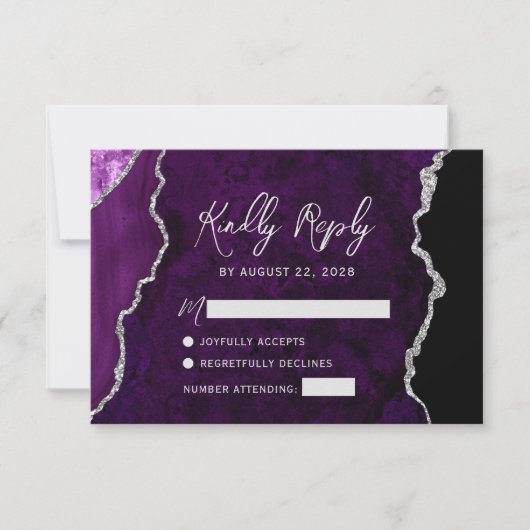 Modern Purple Agate Silver Script Wedding RSVP (正面)