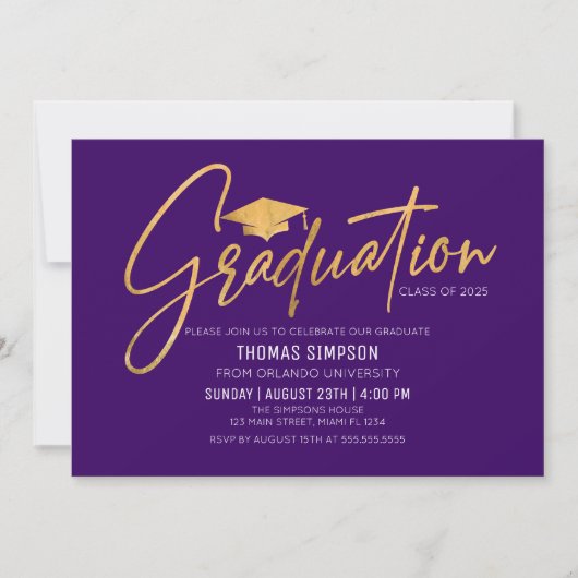 Modern purple and gold Graduation Invitation 招待状 (正面)
