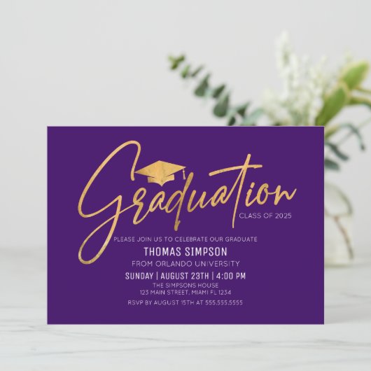 Modern purple and gold Graduation Invitation 招待状 (スタンド正面)
