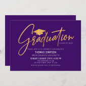 Modern purple and gold Graduation Invitation 招待状 (正面/裏面)