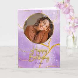 Modern Purple and Gold Photo & Name Birthday カード