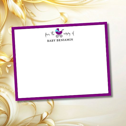 Modern Purple Baby Carriage Nursery Note Card 招待状