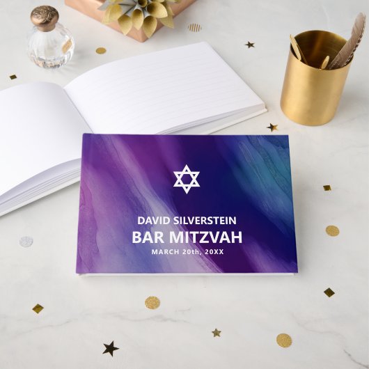 Modern Purple Blue Star David Bar Mitzvah Hebrew ゲストブック (正面見開き)