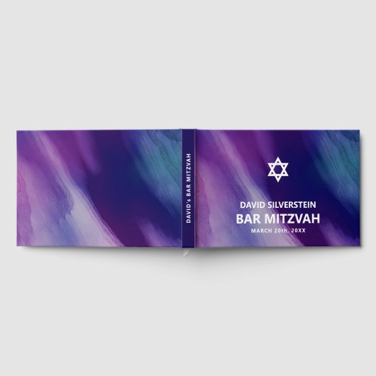Modern Purple Blue Star David Bar Mitzvah Hebrew ゲストブック (全面)