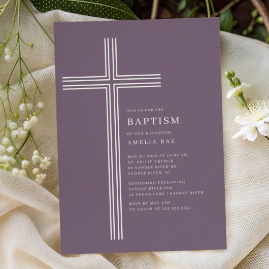 Modern Purple Cross Baptism Invitation 招待状