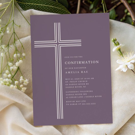 Modern Purple Cross Confirmation Invitation 招待状