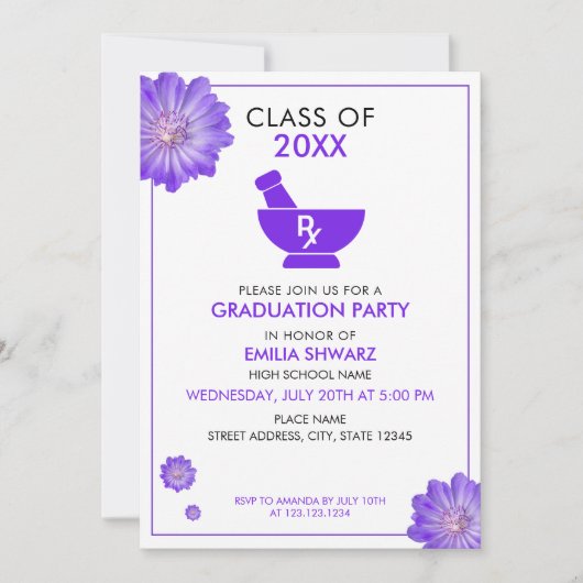 Modern Purple Floral Pharmacist Graduation Party 招待状 (正面)