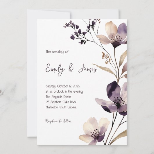 Modern Purple Floral Wedding 招待状 (正面)