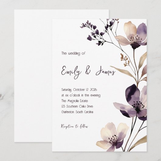 Modern Purple Floral Wedding 招待状 (正面/裏面)