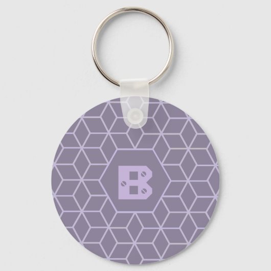 Modern Purple Geometric Cubes Pattern Monogram キーホルダー (正面)