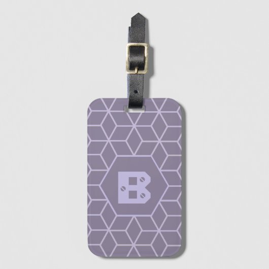 Modern Purple Geometric Cubes Pattern Monogram ラゲッジタグ (正面縦)