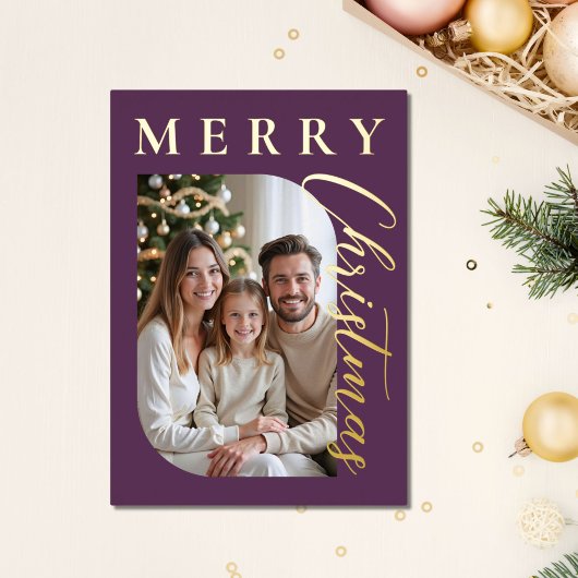 Modern Purple Gold Photo Christmas Holiday Card 箔シーズンカード