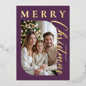 Modern Purple Gold Photo Christmas Holiday Card 箔シーズンカード (正面)