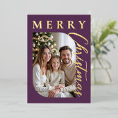 Modern Purple Gold Photo Christmas Holiday Card 箔シーズンカード (立ち正面)