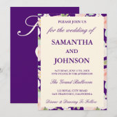 Modern purple Ivory Floral Monogram Wedding 招待状 (正面/裏面)