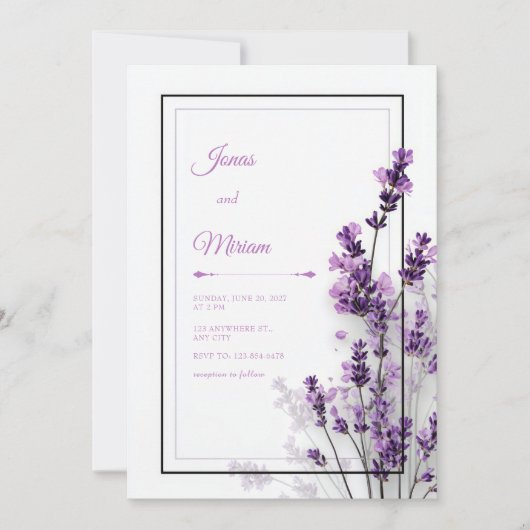 Modern Purple Lavender Black Purple Frame Wedding 招待状 (正面)