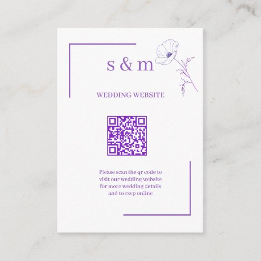 Modern Purple Line Art Flo QR Code Wedding Website エンクロージャーカード (正面)