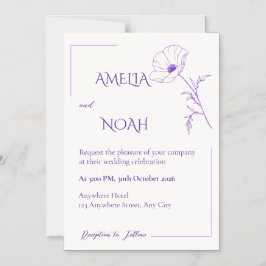 Modern Purple Line Art Floral Wedding Invitation マグネット招待状