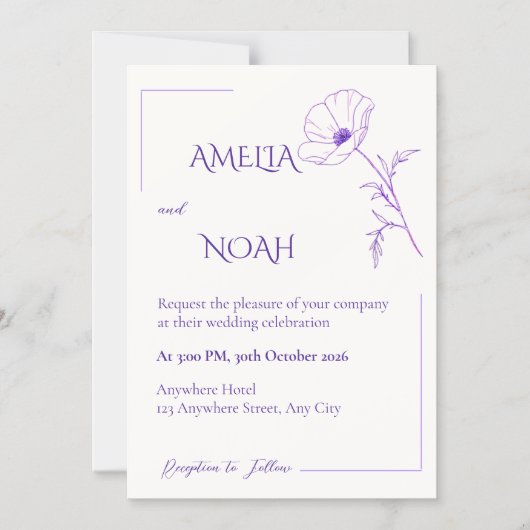 Modern Purple Line Art Floral Wedding Invitation マグネット招待状 (正面)